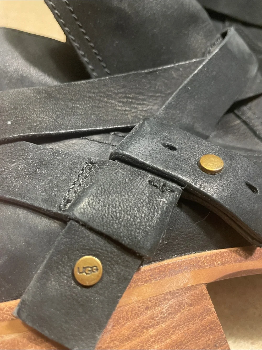 UGG Black Leather Ankle Booties with Wrap Strap
